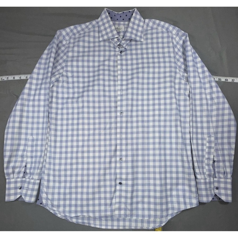 Stenströms Dress Shirt Mens 16.5 42 Blue Check Fitted Body Cotton Long Sleeve